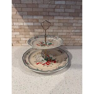 Marmalade Christmas Geese 2 Tier Serving Plate‎ Red Ribbon Holiday